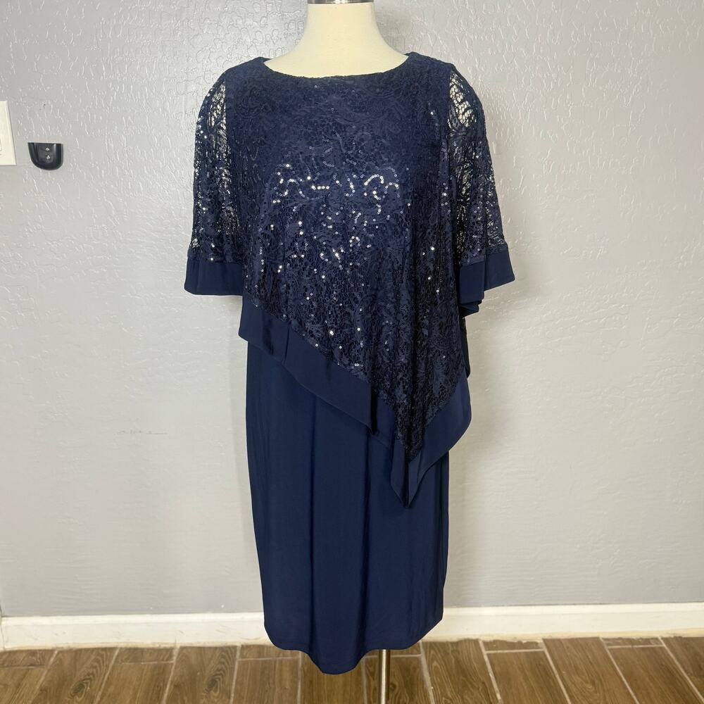 R & M Richards Sequined Cape Sheath Dress - Navy, 12